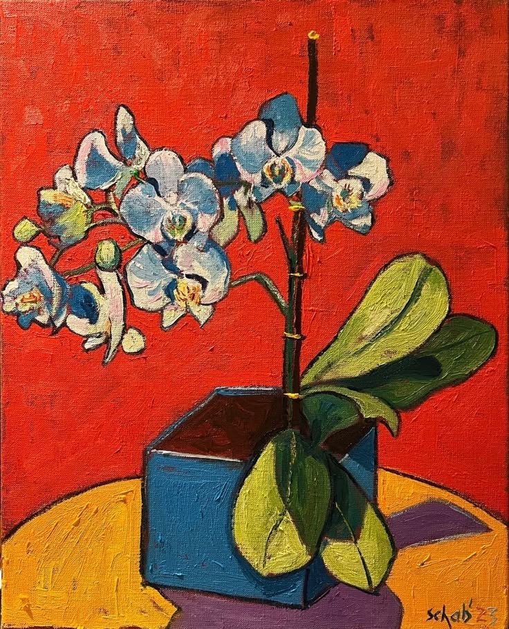 Orchids on the Yellow Table by David Schab — Oil on linen